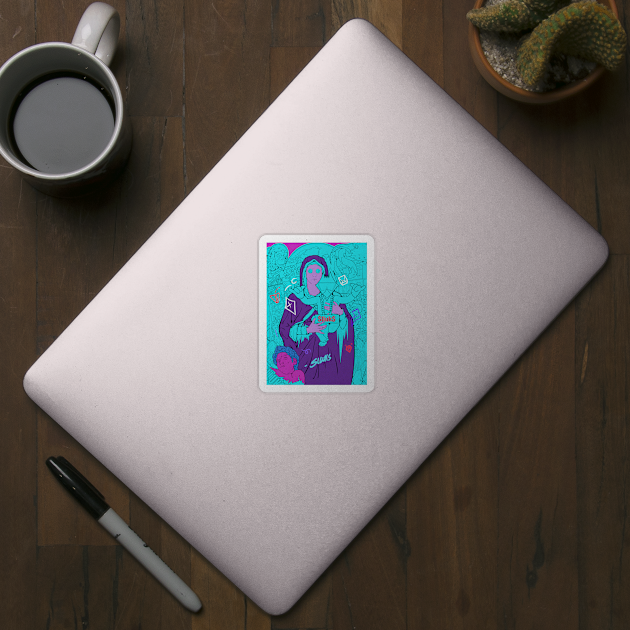 Dope Slluks chicken character chilling with virgin Mary montage illustration by slluks_shop